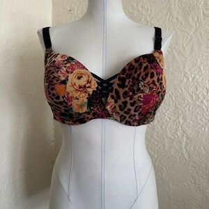 Torrid 360 Back Smoothing Push-Up Plunge Bra Floral Leopard Pattern 42C